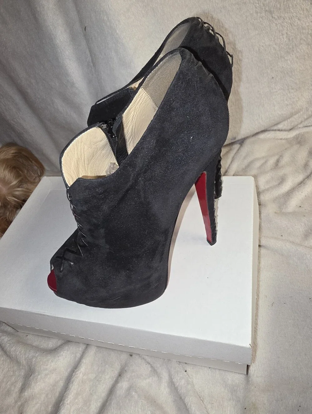 Christian Louboutin Recouzetta 160 Peep Black Suede Ankle Boots - Size 38